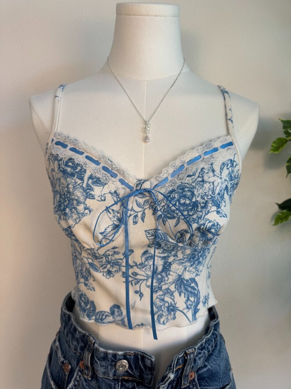 Blue White Toile Floral Corset Cami Top Lace Trim Tie Front